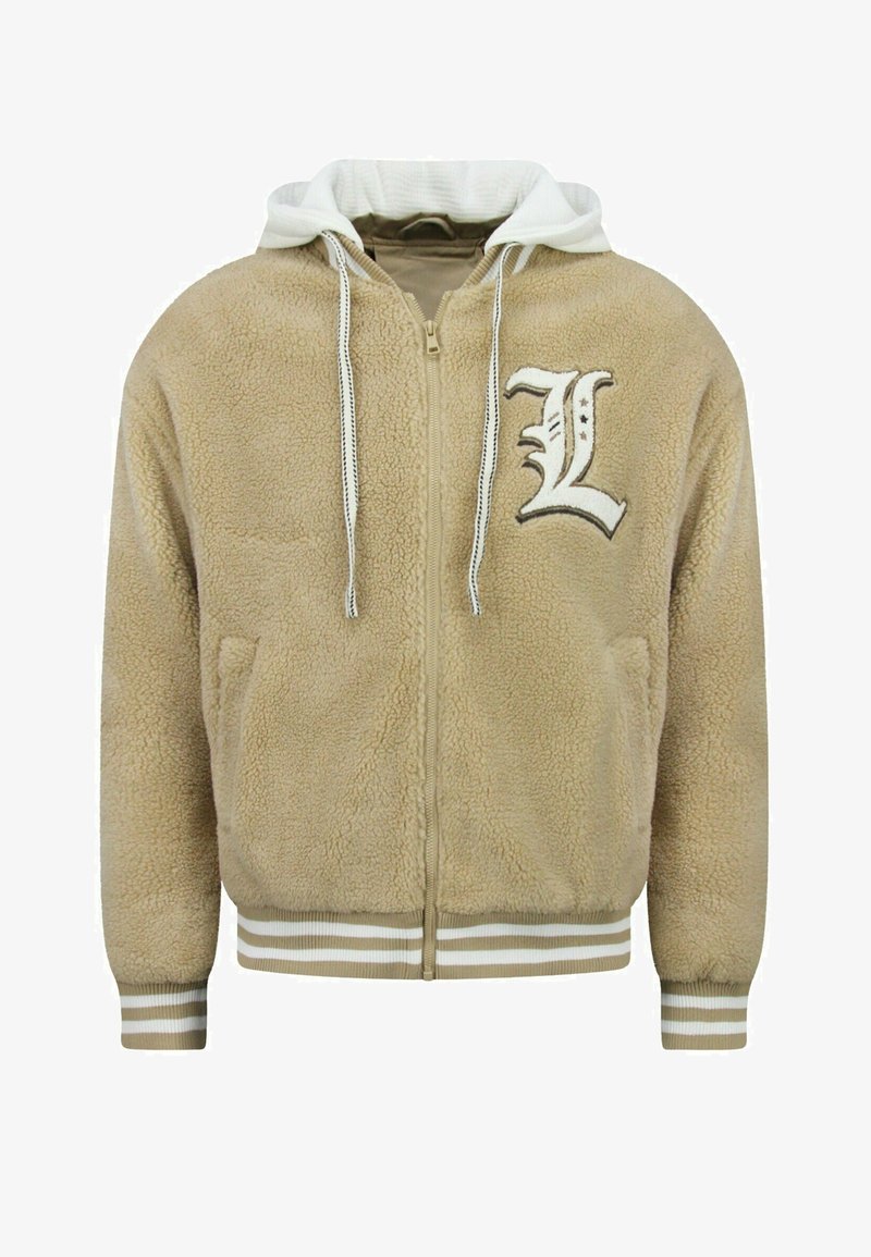 Beige fleece hoodie met ritssluiting en witte trekkoorden, voorzien van een gestructureerd oppervlak, gestreepte boorden en zoom, en een geborduurde letter "L".