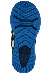 Blauer Gummisohlen mit einem Zickzackmuster, einschließlich runder Perforationen und strukturierten Details, die für Traktion und Langlebigkeit gedacht sind.