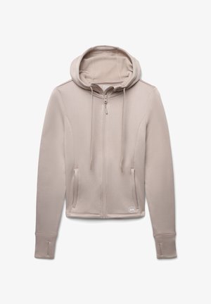 Jasno beżowa bluza z pełnym zamkiem błyskawicznym, kapturem i bocznymi kieszeniami. Posiada ściągacze na rękawach oraz teksturowany, gładki materiał.