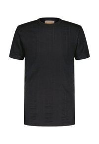 Zwarte T-shirt met korte mouwen, gemaakt van textuurstof met verticale strepen. Heeft een ronde halslijn en een rechte zoom voor een klassieke pasvorm.