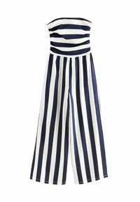 Strapless jumpsuit med marinblå och vita vertikala ränder, en figurnära byst och vida byxor med avslappnad passform.