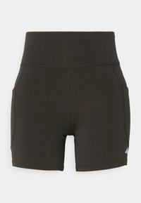 Schwarze sportliche Shorts aus dehnbarem Material, mit hoher Taille und seitlichen Taschen, dezenten Nähten und einem Logo auf der unteren rechten Seite.