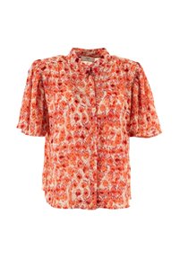 Blusa a maniche corte con bottoni, in un motivo floreale astratto arancione e rosso, con spalle leggermente a sbuffo.