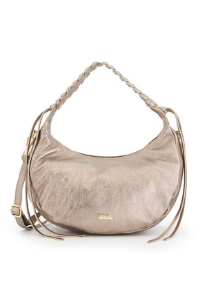 Metallic bronze handbag with a soft texture, crescent shape, braided shoulder strap, and gold-tone hardware accents. Adjustable side tassels.