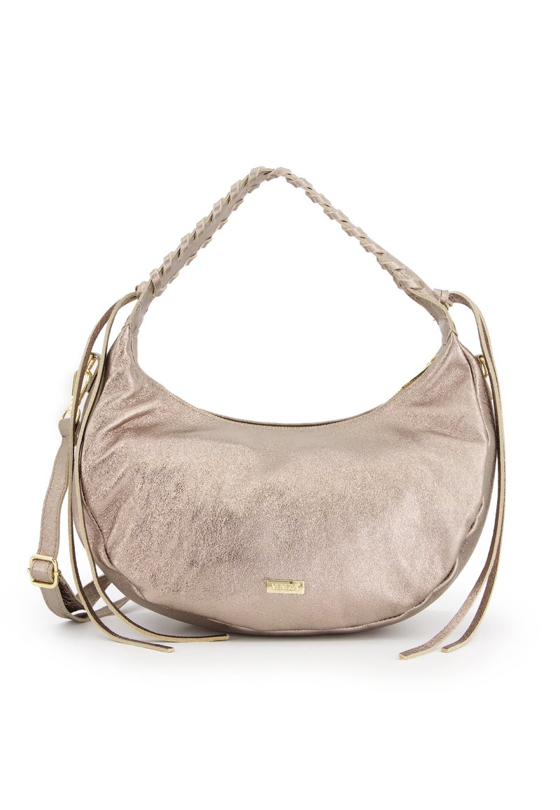 Metallic bronze handbag with a soft texture, crescent shape, braided shoulder strap, and gold-tone hardware accents. Adjustable side tassels.