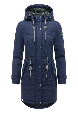 Parka bleu marine à capuche avec rabat tempête à boutons sur le devant, doublure à motifs, cordons et poches latérales, présenté sur fond blanc.