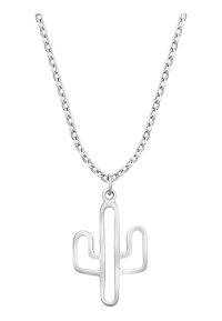 Ciondolo a forma di cactus argentato su una collana a catena, con un design a contorno aperto, bordi lisci e una finitura lucida.