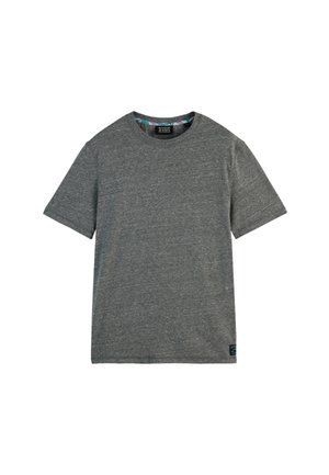 Gray short-sleeve T-shirt made of soft fabric with a round neckline. Features a colored inner neck lining and a small brand tag on the side.