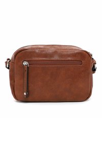 Borsa a tracolla in pelle marrone con forma rettangolare, scomparto principale con zip e tasca frontale con zip, dotata di accessori in argento.