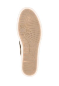 Suola della scarpa con un motivo di battistrada ondulato, in materiale gommoso beige chiaro, con un bordo bianco. Presenta scanalature circolari e lineari per una migliore aderenza.