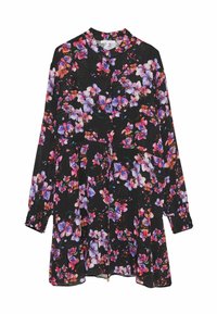 Långärmad klänning i svart tyg med ett färgglatt blommönster, med knappstängning och rynkade manschetter. Utställd fåll.