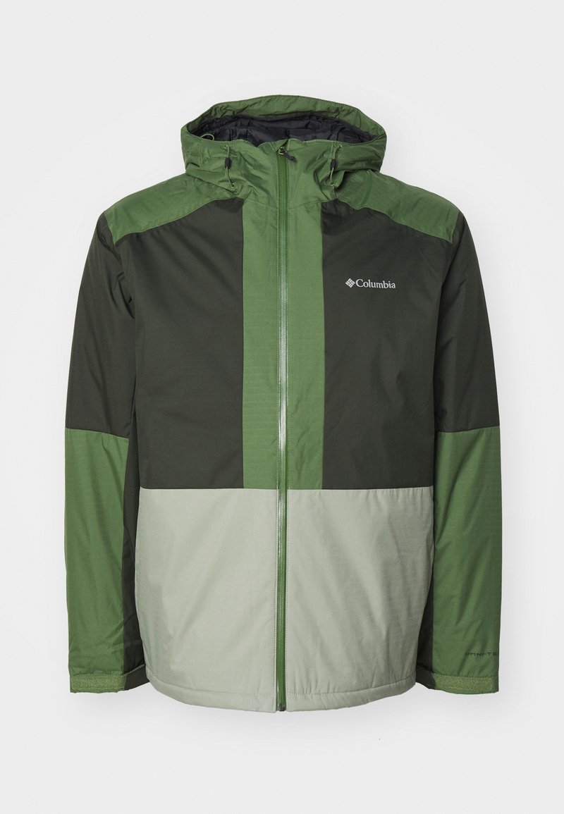 Veste pour homme verte et grise avec capuche, dotée d'une fermeture éclair à l'avant, d'un design à panneaux contrastants et d'une texture lisse. Logo Columbia sur la poitrine.