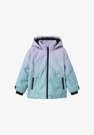 Letvægts puffjakke med en gradient fra lavendel til lys blå, prydet med en sort lynlås, hætte og to sidelommer.