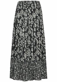 Jupe noire avec motifs blancs complexes, dotée d'un ourlet à volants superposés, d'une taille élastique et d'un tissu léger pour plus de confort.