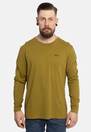 Olivegrünes Langarmhemd mit Rundhalsausschnitt, einer Brusttasche und Markenlabel. Weicher Stoff mit lockerem Schnitt.