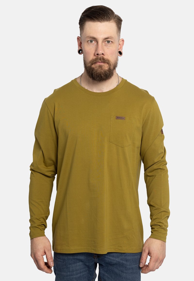 Olivegrünes Langarmhemd mit Rundhalsausschnitt, einer Brusttasche und Markenlabel. Weicher Stoff mit lockerem Schnitt.