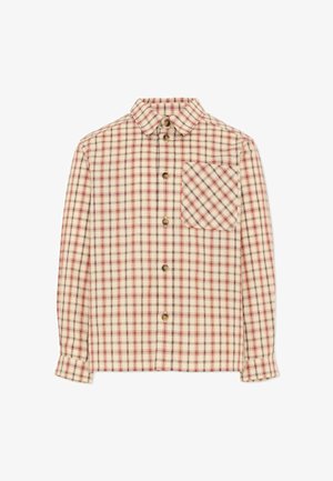 Camicia beige a quadri a maniche lunghe con linee rosse e nere, chiusura frontale con bottoni, colletto e taschino sul petto con motivo a quadri diagonale.