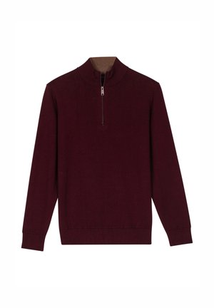 Bordeaux pullover met een hoge kraag en halve ritsluiting. Zachte textuur, lange mouwen en ribboorden aan de uiteinden en onderkant. Eenvoudig ontwerp.