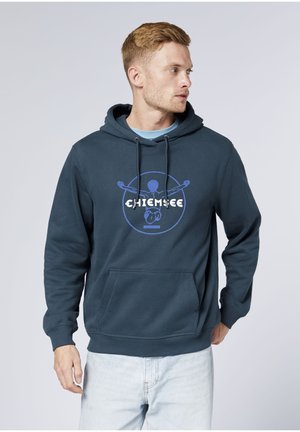 Marineblauer Kapuzenpullover mit Kordelzug, verfügt über eine Fronttasche und ein grafisches Logo in Weiß und Blau. Weich und bequem geschnitten.