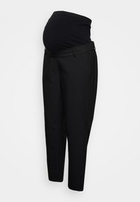 Black maternity pants featuring a stretchy waistband, tapered leg, and flat front design with no visible hardware or embellishments.