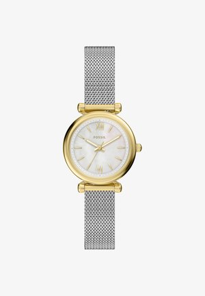 Rond horloge met een kast van metalen met goudkleur, een witte parelmoeren wijzerplaat, gouden uurmarkeringen en een zilverkleurige meshband. Voorzien van Romeinse cijfers.