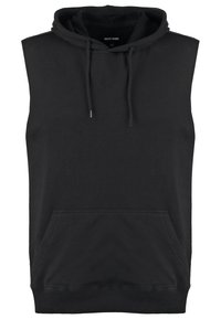 Hoodie sans manches noir avec une poche kangourou à l'avant, cordons de serrage à la capuche et ourlet côtelé. Confectionné en tissu doux mélangé de coton.