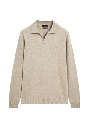 Beige gestrickter Pullover mit V-Ausschnitt und umgeschlagenem Kragen. Besitzt gerippte Bündchen und einen gerippten Saum, aus weichem Wollmaterial gefertigt.