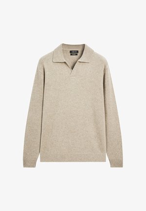 Beige gestrickter Pullover mit V-Ausschnitt und umgeschlagenem Kragen. Besitzt gerippte Bündchen und einen gerippten Saum, aus weichem Wollmaterial gefertigt.