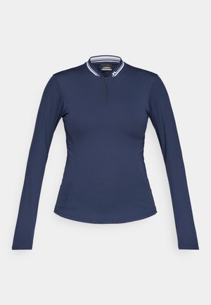 Navy long-sleeve shirt made of smooth fabric, featuring a half-zip collar with white striped accents and a fitted design.