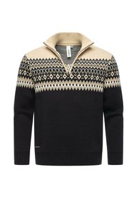 Strickpullover mit Reißverschlusskragen, schwarzem Körper und einem gemusterten beigen Schulterbereich mit geometrischen Designs in Weiß und Creme.