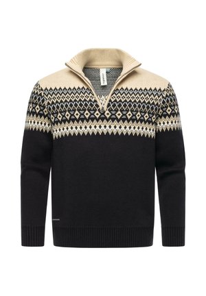Knitted pullover sweater featuring a zip collar, black body, and a patterned beige yoke with geometric designs in white and cream.