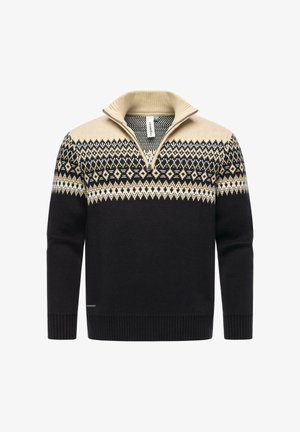 Strickpullover mit Reißverschlusskragen, schwarzem Körper und einem gemusterten beigen Schulterbereich mit geometrischen Designs in Weiß und Creme.