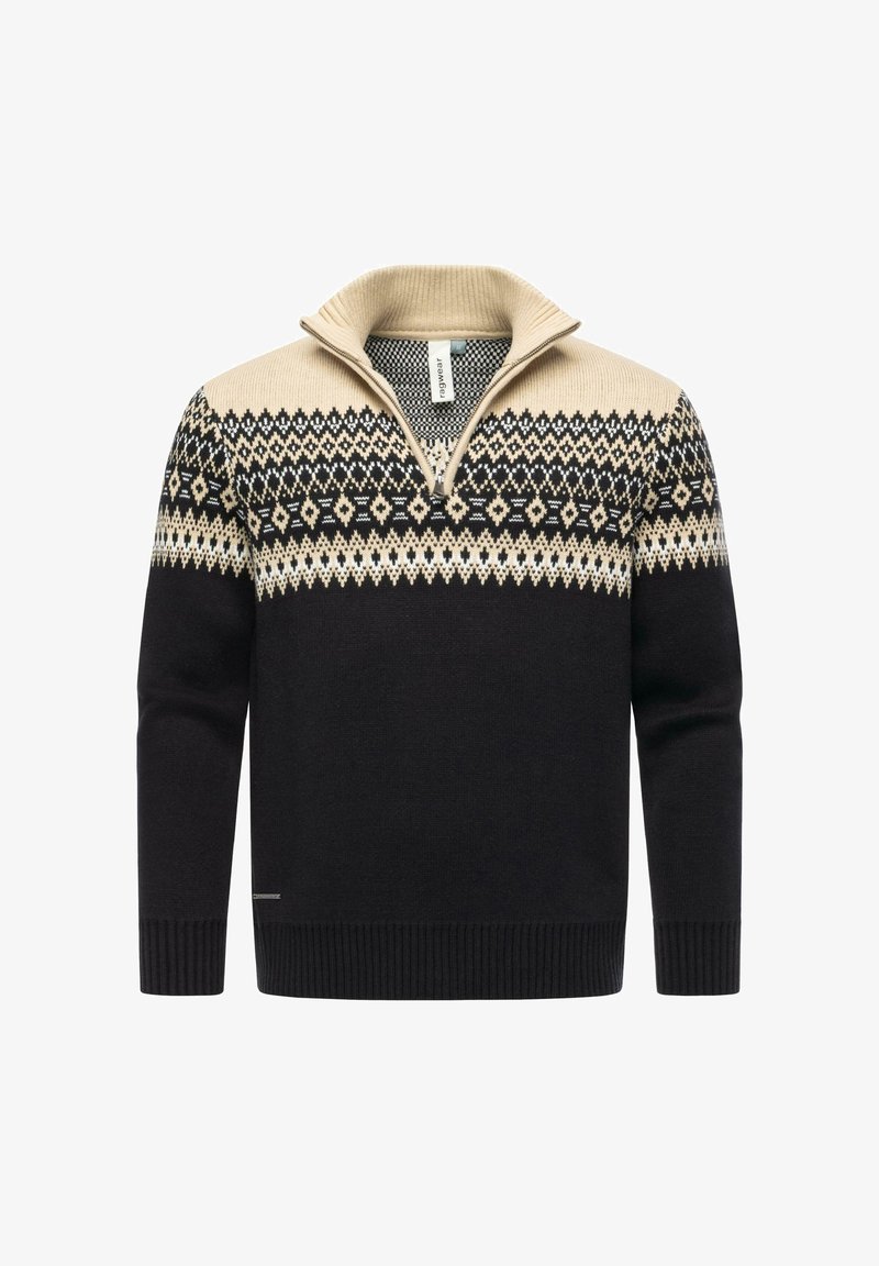 Knitted pullover sweater featuring a zip collar, black body, and a patterned beige yoke with geometric designs in white and cream.