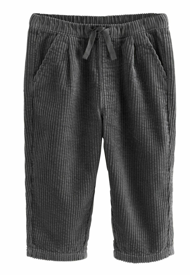 Pantalon en velours côtelé gris foncé avec taille élastique et cordon, doté de deux poches latérales et une coupe décontractée.