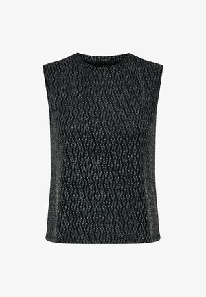Czarny top bez rękawów z teksturowanym wzorem pionowych linii, z okrągłym dekoltem i dopasowanym krojem. Materiał ma subtelny połysk.