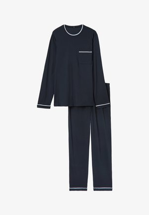Navy blue long-sleeve pajama set with a round neckline, white trim, and a chest pocket. Soft fabric with loose-fitting pants.