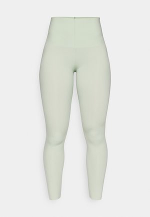 Jasno miętowe legginsy z wysokim stanem, wykonane z gładkiego, elastycznego materiału, charakteryzujące się eleganckim, dopasowanym krojem.