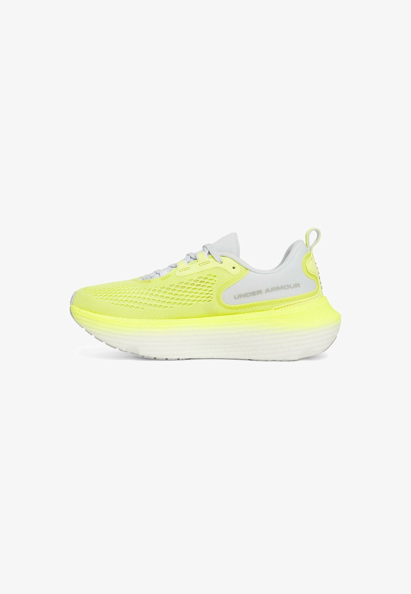 Bright yellow athletic shoe with a mesh upper and gray accents. Features a thick white sole and a pull tab on the heel for easy wear.