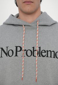 Grauer Hoodie mit schwarzem Drucktext "No Problemo", ausgestattet mit beigen Kordeln und roten Akzenten. Baumwollmaterial mit einer weichen Textur.