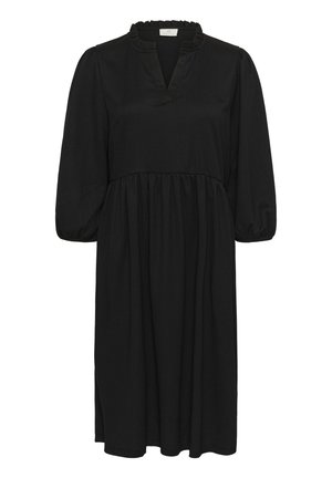 Schwarzes knielanges Kleid mit Rüschenausschnitt, dreiviertellangen Puffärmeln und gerafftem Bund, aus einem weichen Textilgewebe gefertigt.