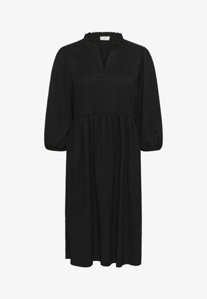 Black knee-length dress with a ruffled neckline, three-quarter puff sleeves, and a gathered waist, made from a soft textured fabric.