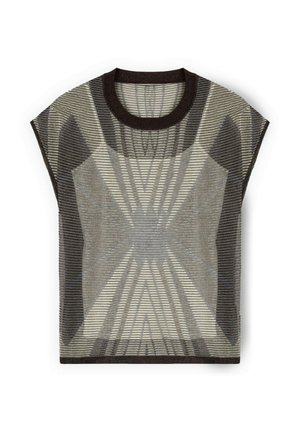 Korte mouwtop met een geometrisch patroon in gedempte grijstinten en beige, met een gestructureerde gebreide stof en een donkergekleurde ronde halslijn.