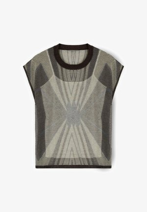 Kurzärmeliges Oberteil mit geometrischem Muster in sanften Grautönen und Beige, versehen mit einem strukturierten Strick und einem rundem Halsausschnitt in dunkler Farbe.
