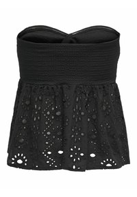 Top nero senza spalline con corpetto texturizzato e una parte inferiore a campana in pizzo ricamato con motivi floreali e dettagli a intaglio.