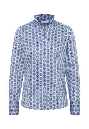 Langärmliges Hemd aus hellblauem Stoff mit einem Muster aus dunkelblauen kreisförmigen Designs. Verfügt über einen Stehkragen und eine Knopfleiste vorne.