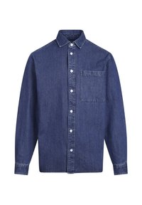 Mørkeblå denimskjorte med lange ermer, knappestolpe foran, spiss krage, en enkel brystlomme og subtile sømdetaljer.