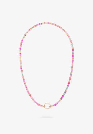 Bunte Perlenkette mit kleinen, rechteckigen Perlen in Rosa, Mint und Pastellfarben, die einen zentralen runden Metallverschluss aufweist.