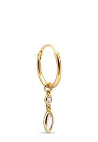 Goldene Creolen mit einem hängenden Design und zwei klaren Edelsteinakzenten. Die Gesamform ist kreisförmig und hat eine polierte Oberfläche.