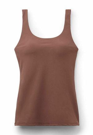 Débardeur marron sans manches à encolure carrée avec larges bretelles, tissu lisse et design simple et ajusté.