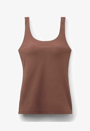 Débardeur marron sans manches à encolure carrée avec larges bretelles, tissu lisse et design simple et ajusté.